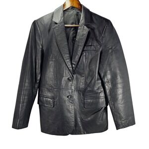 Leather Black Blazer Wmn's Button Front  Size 10 Office Vixen Goth Mob Boss Wife